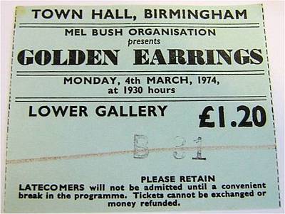 Golden Earring UK tour ticket#B31 Birmingham - Town Hall 04-03-1974